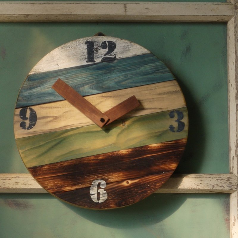 工業風拼接木時鐘 靜音 掛鐘 時鐘 復古風 clock - 時鐘/鬧鐘 - 木頭 綠色