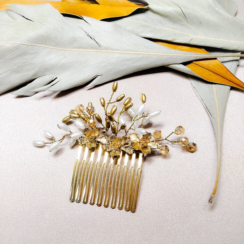 Wearing a happy rice ear series - bridal hair comb. French comb. Self-service wedding 051-1 - Hair Accessories - Other Metals Gold