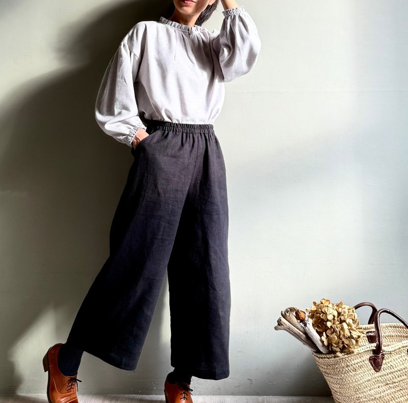 黑山假期/粗曠顯瘦黑色棉麻寬褲/哈倫庫/九分褲 - 女長褲 - 棉．麻 黑色