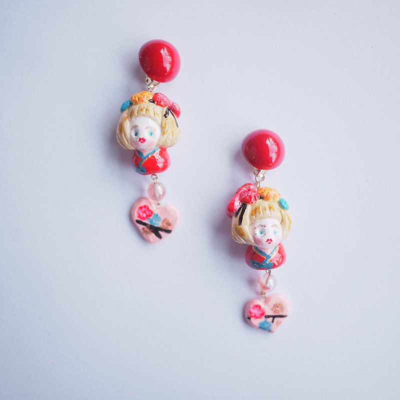 日系 黏土手作 和風和服日本耳環耳夾 - 耳環/耳夾 - 黏土 紅色