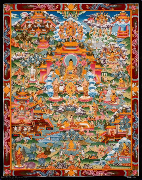 チベットの仏の生涯を描いたタンカ絵画 手作りの菩薩美術作品