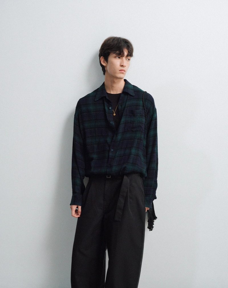 Song of the Past Retro Plaid Drape Loose Shirt - เสื้อเชิ้ตผู้ชาย - วัสดุอื่นๆ สีน้ำเงิน