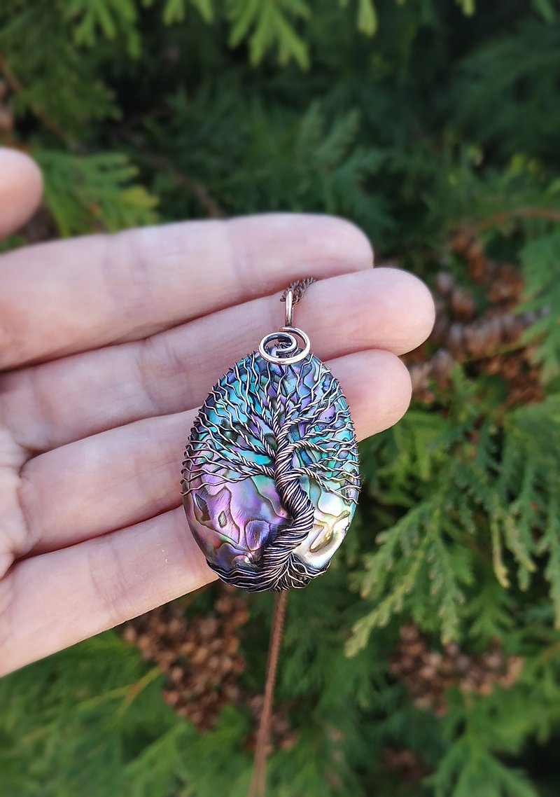 Abalone Necklace, 7th Anniversary Gift for Wife, Copper Tree Of Life Pendant - 長頸鍊 - 其他材質 多色