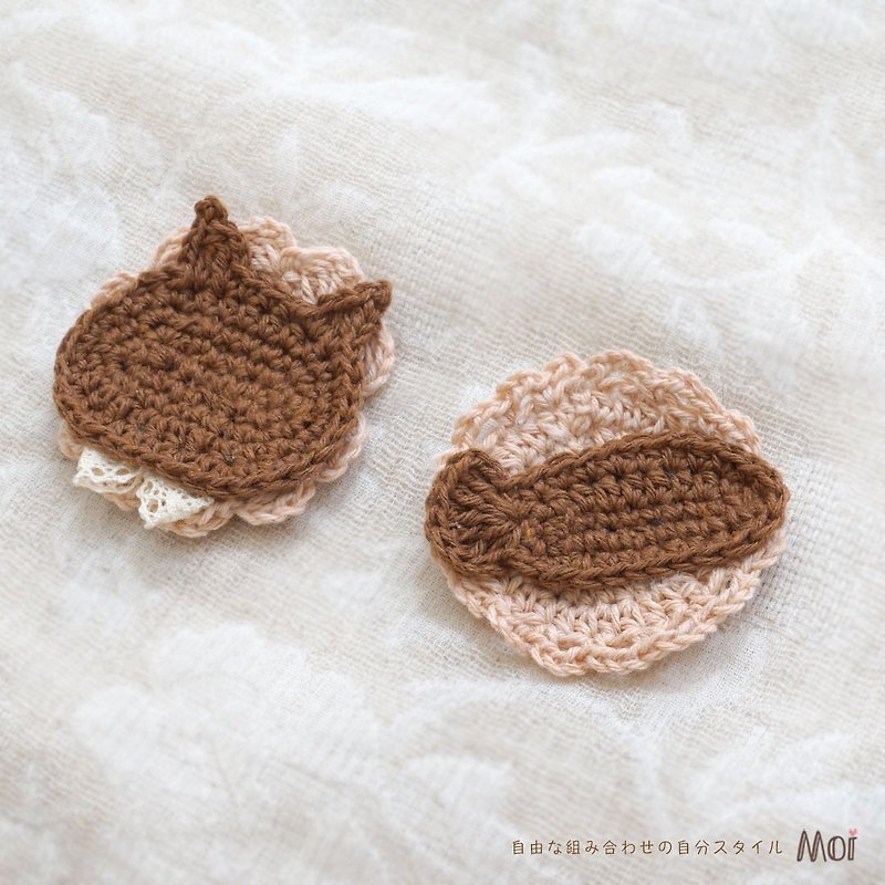 Mori Breath Knitting *Cat and Fish Coffee Rose Hand Crochet Brooch Set - เข็มกลัด - ผ้าฝ้าย/ผ้าลินิน สีนำ้ตาล