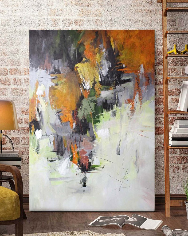 Gray Rust Abstract Painting | Gray Brown Abstract Painting | Warmness - 壁貼/牆壁裝飾 - 棉．麻 橘色
