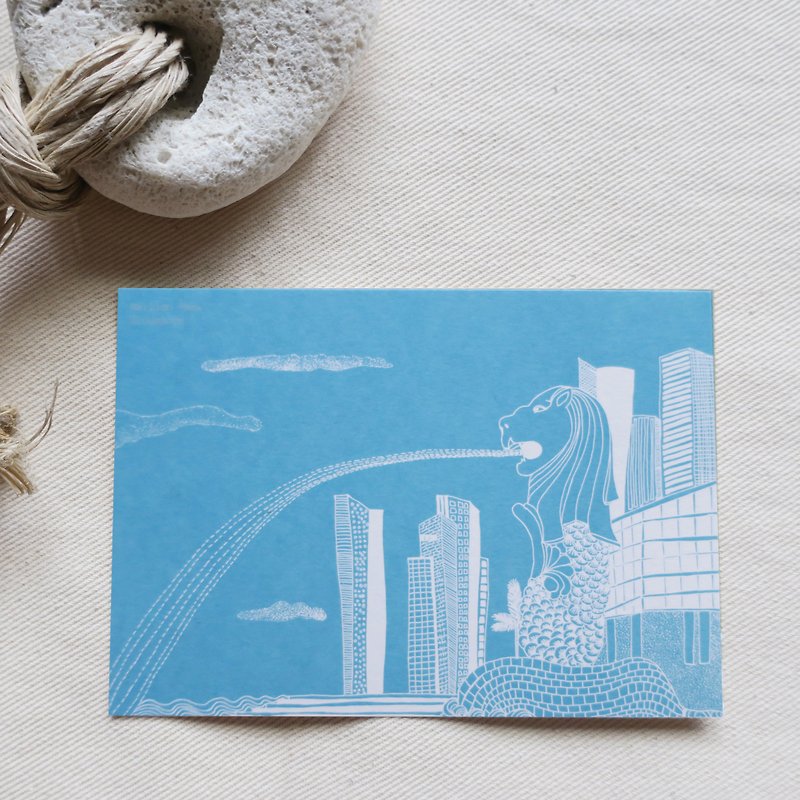 Travel landscape Singapore-Merlion / Illustrated postcard - การ์ด/โปสการ์ด - กระดาษ สีน้ำเงิน