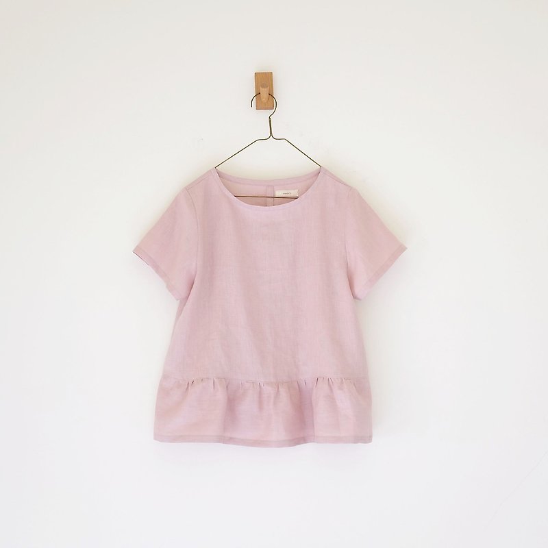 Daily hand-made sweet day retro pink short sleeve smock linen - Women's Tops - Cotton & Hemp Pink