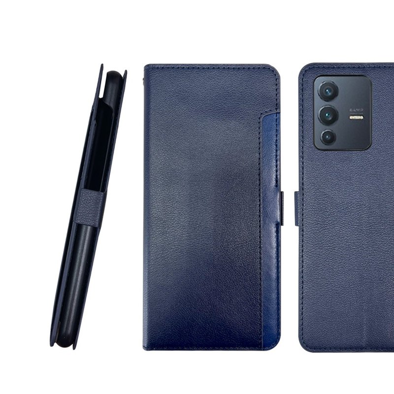 CASE SHOP Vivo V23 前插卡側立式皮套-藍  加送3.5mm耳機 - 手機殼/手機套 - 人造皮革 藍色