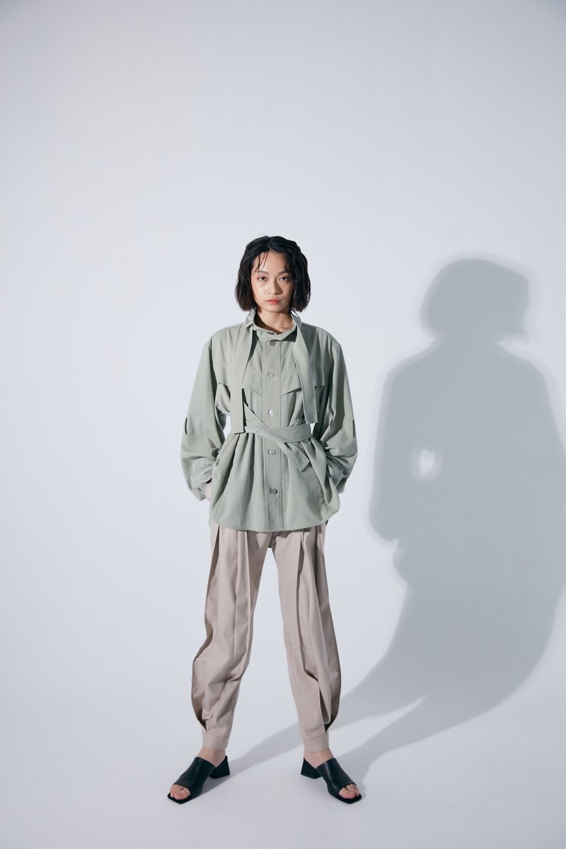 襯衫式綁帶外套 - 女襯衫 - 聚酯纖維 綠色