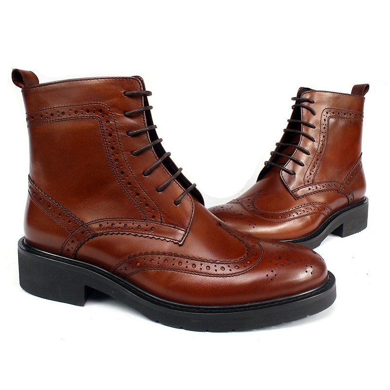 British wing full carved derby short boots coffee brown (girl / neutral) - รองเท้าลำลองผู้หญิง - หนังแท้ 