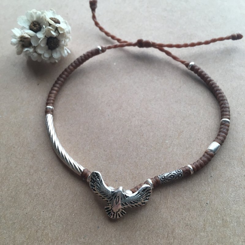 ~ M + bear ~ Eagle flying / silk wax line / sterling silver / braided bracelet / 925 silver bracelet / Ankle - Bracelets - Other Metals Brown