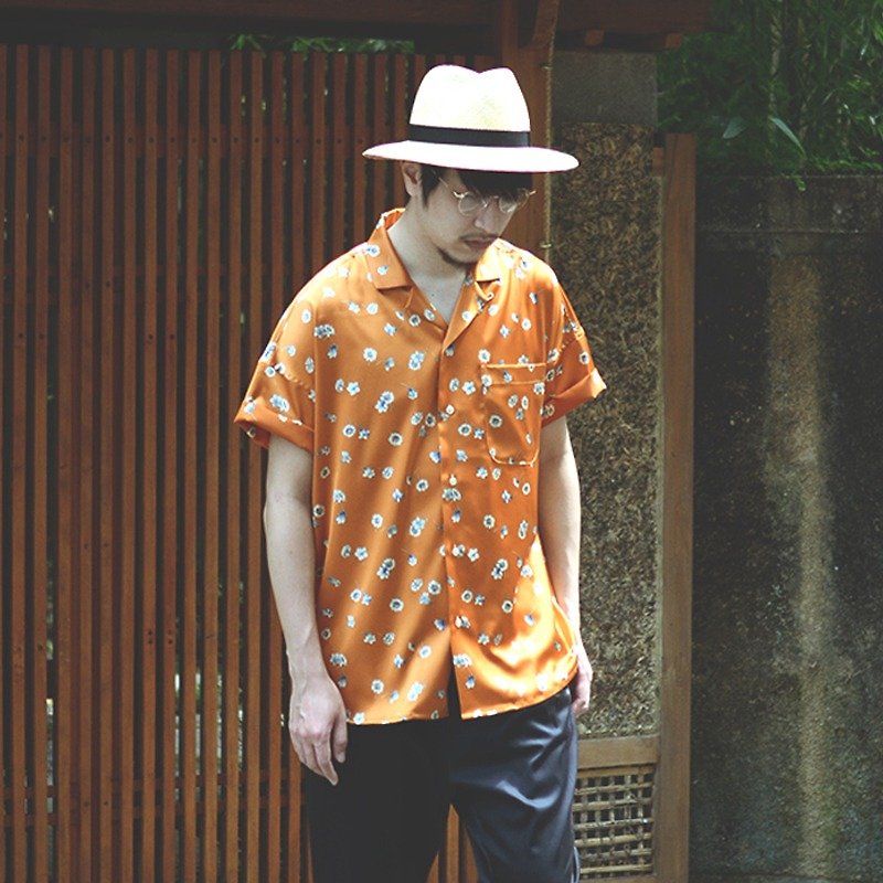 橘色 古巴領 摺袖 印花短袖夏威夷襯衫 - 男裝 恤衫 - 聚酯纖維 橘色