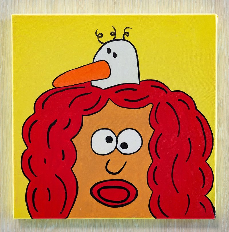 Oil on canvas, a girl with red hair, a bird from her head, portrait of a girl - ตกแต่งผนัง - ผ้าฝ้าย/ผ้าลินิน หลากหลายสี