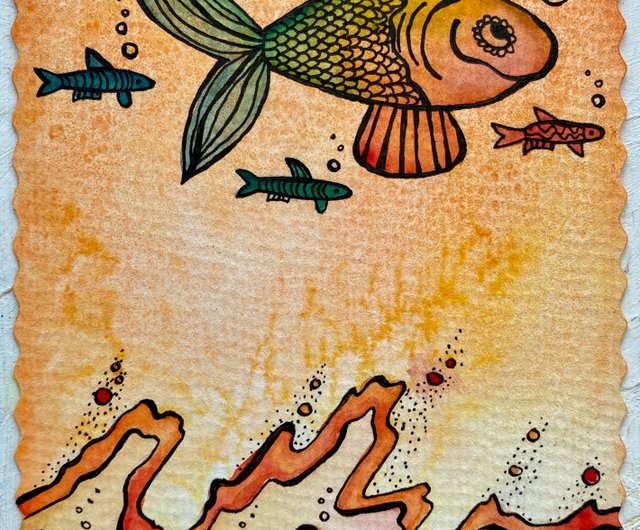 魚の絵ミニチュアオリジナルアート海の水彩画小さなアートワーク