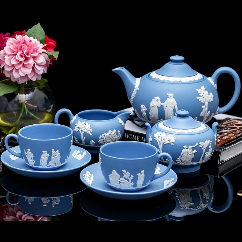 經典工藝Wedgwood 碧玉浮雕茶具七件套 英式下午茶 內上釉 - 茶壺/茶杯/茶具 - 瓷 