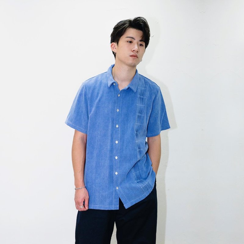 Wave pleated shirt - 男 T 恤 - 棉．麻 藍色