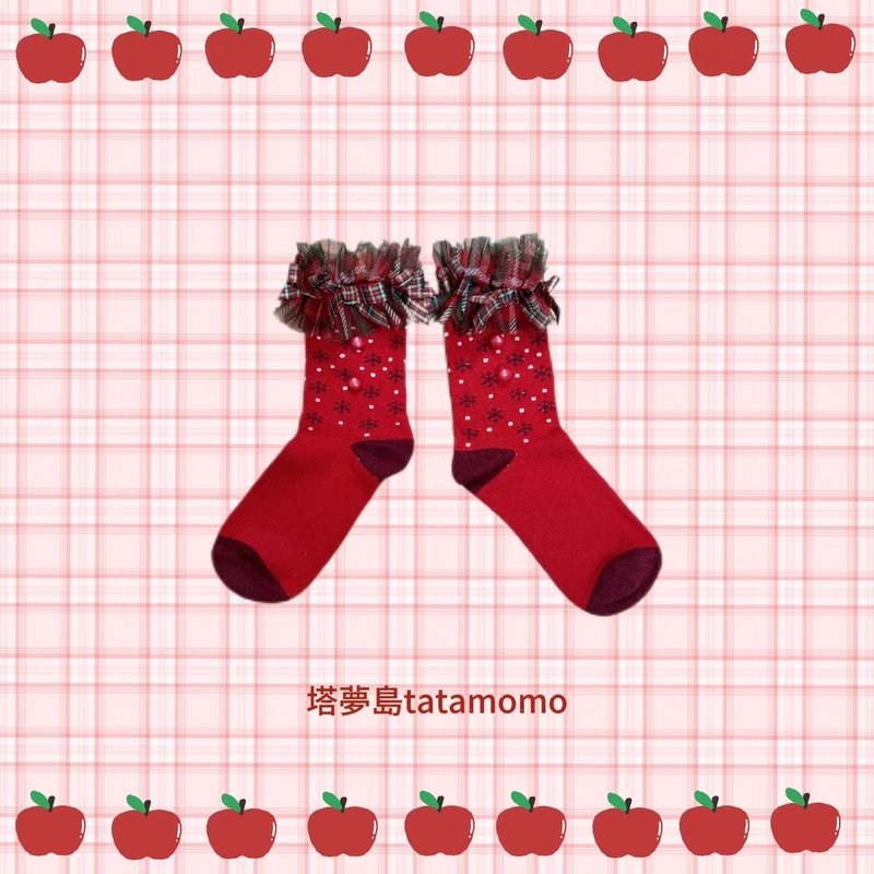 Fruit collage party makeover red patchwork plaid yarn wool socks - ถุงเท้า - ขนแกะ สีแดง