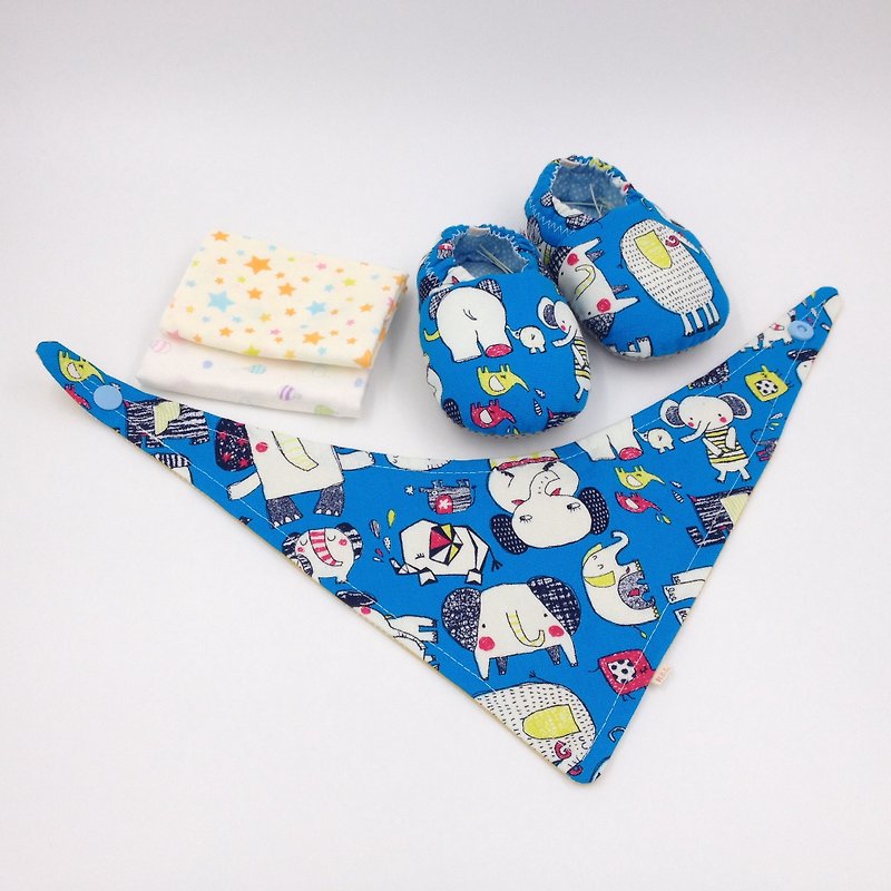 手繪大象-彌月寶寶禮盒(學步鞋/寶寶鞋/嬰兒鞋+2手帕+領巾) - 彌月禮盒 - 棉．麻 藍色