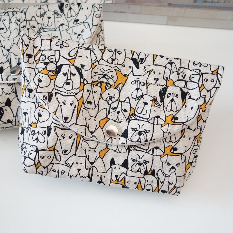 [Hand-painted Hundred Dogs on Yellow Bottom] Cosmetic bag and sundries bag to store French bulldogs - กระเป๋าเครื่องสำอาง - ผ้าฝ้าย/ผ้าลินิน สีเทา