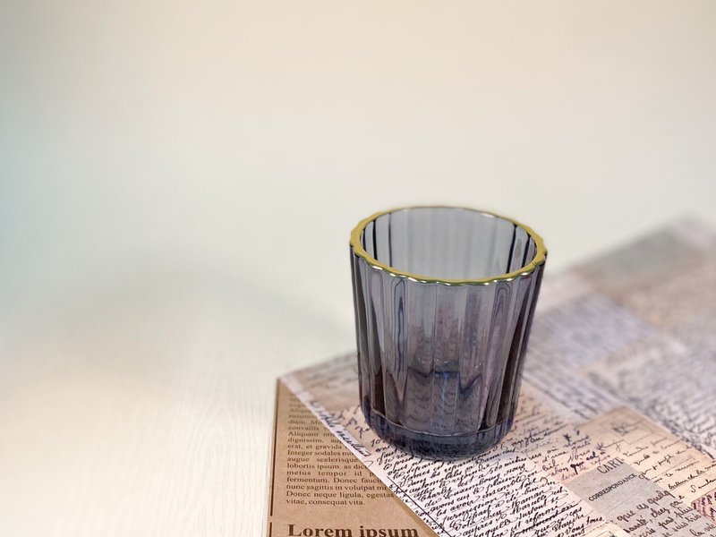 【限量燭杯客製】75ml灰藍鑲金條紋杯(可選精油)/情人節禮盒 - 香氛蠟燭/燭台 - 玻璃 