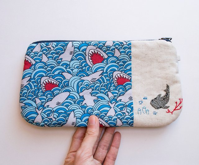 Quilted BLUE Shark Pencil Case With Zipper Shark Cosmetic Bag