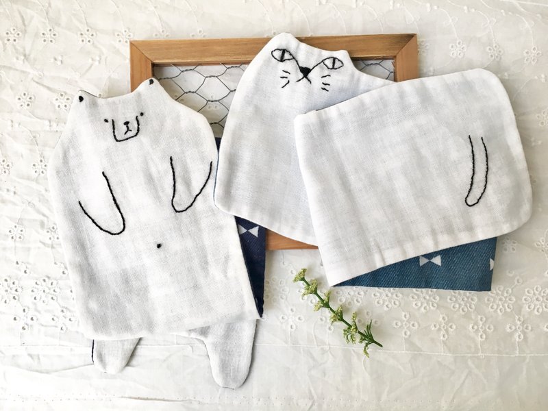長長動物刺繡日本二重紗手帕-貓咪+熊=2枚入 - 髮夾/髮圈 - 棉．麻 