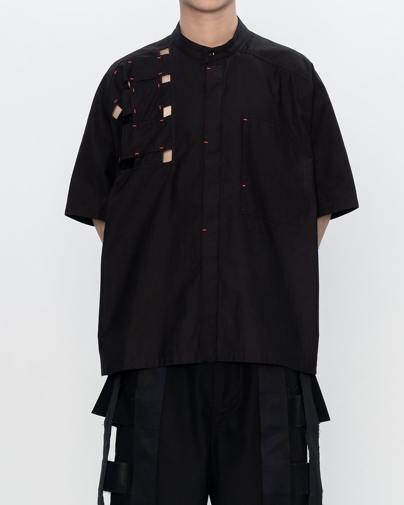 Black Woven Stand Collar Shirt - เสื้อเชิ้ตผู้ชาย - ผ้าฝ้าย/ผ้าลินิน สีดำ