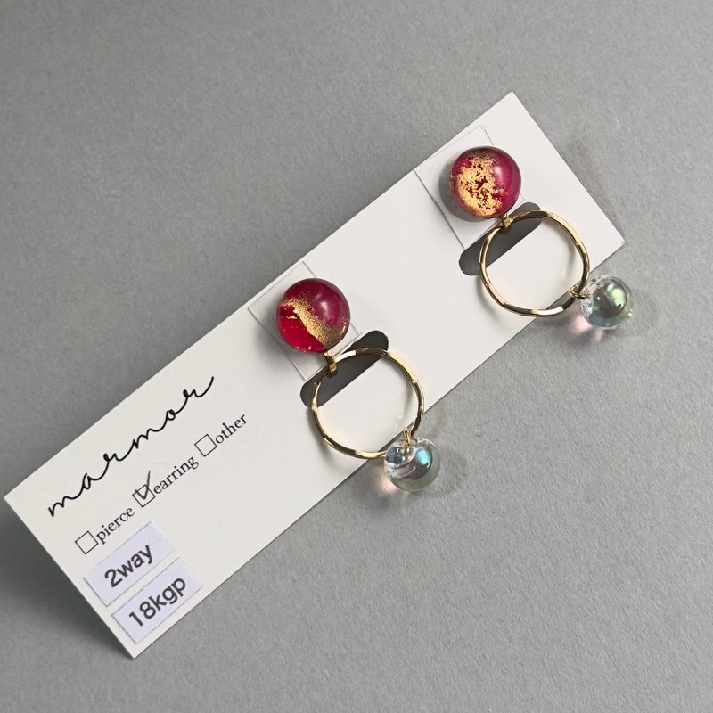 【1点のみ】2way  アルコールインクアート　レッド　イヤリング　18kgp  ネジバネ式イヤリング　赤　カジュアル　上品　ワンポイント　推し色　人と被らない - 耳環/耳夾/耳骨夾 - 樹脂 紅色