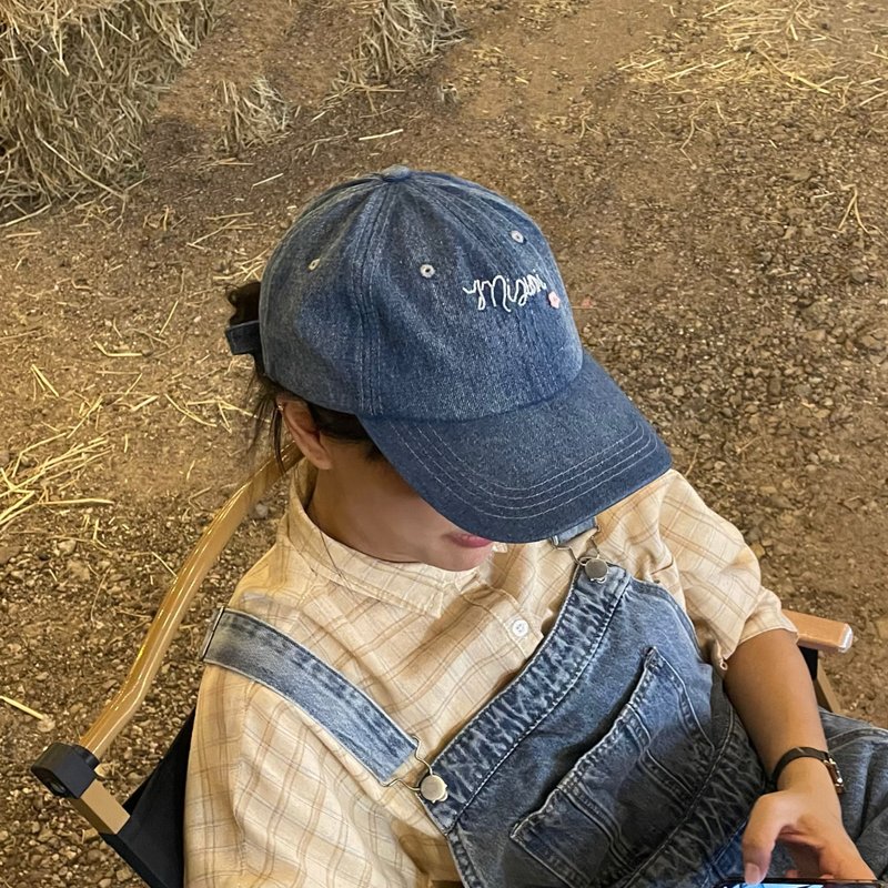 Customize name embroidery denim cap - 帽子 - 其他材質 藍色
