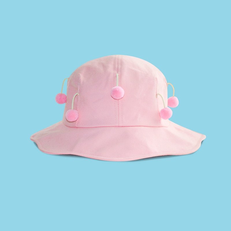 Cute wave big fisherman hat pink plush ball rattle basin cap visor - หมวก - ผ้าฝ้าย/ผ้าลินิน สึชมพู
