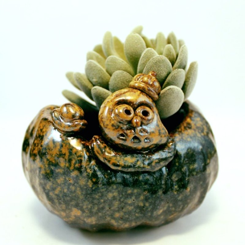 Yoshino Eagle -008│ [Lucky Eagle] owl hand-made pottery succulent plant healing cute lovely - ตกแต่งต้นไม้ - ดินเผา สีดำ
