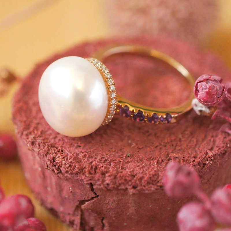 VICTORIA - 14mm Round Freshwater Pearl with Amethyst Silver Ring - General Rings - Gemstone Purple