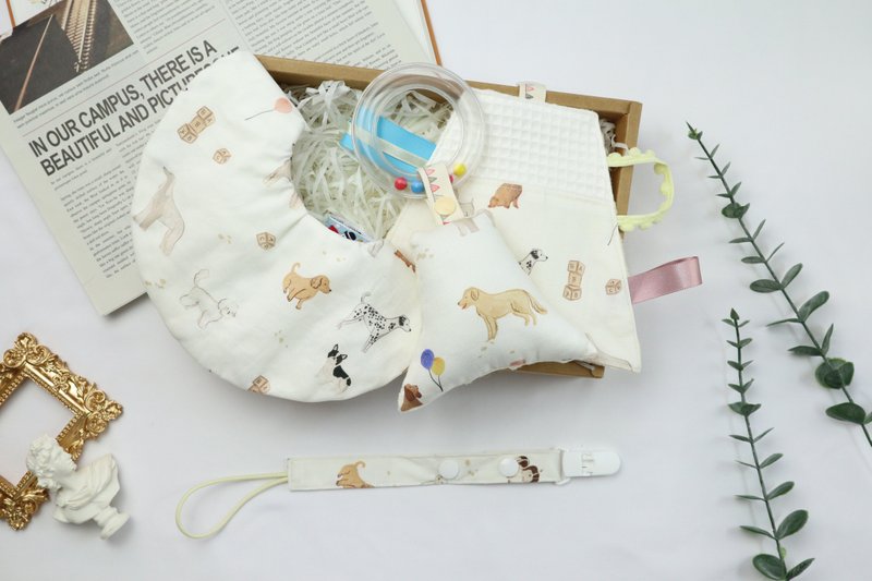 Miyue Gift Box│Six layers of gauze towel pacifier chain hand rattle:::Hand-painted dog - Baby Gift Sets - Cotton & Hemp White