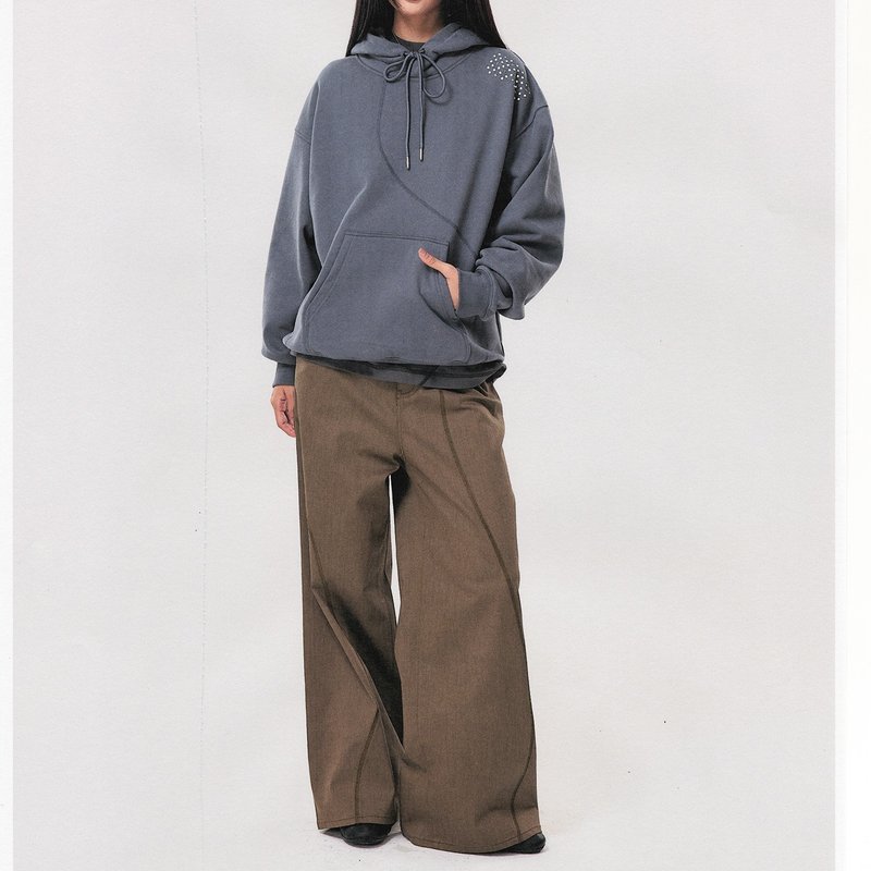 蘇線波點印花加絨廓形連帽衛衣 寬松秋冬套頭帽衫 - 帽T/大學T - 棉．麻 藍色