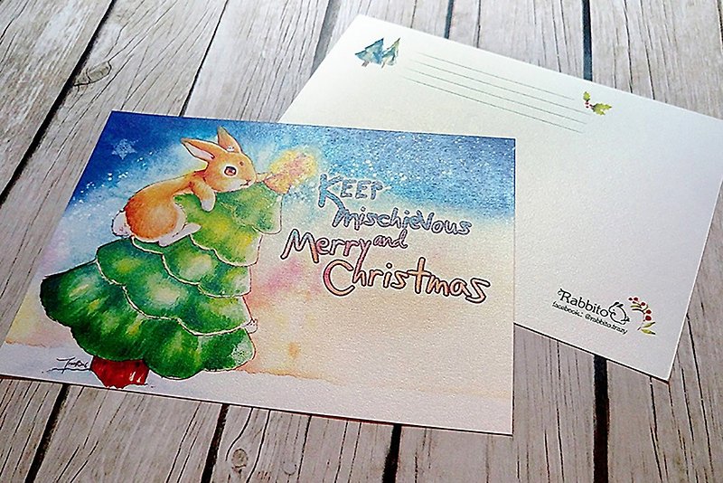 兔兔摘星聖誕名信片 - 卡片/明信片 - 紙 白色