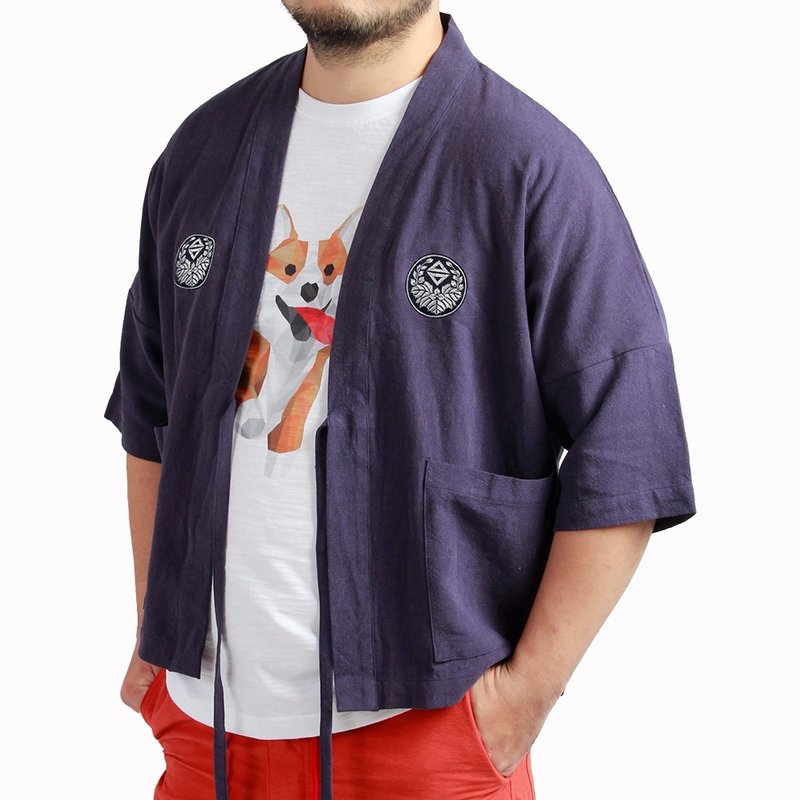 Japanese style jacket-Taiwan family emblem (Zhangqing OEM) - เสื้อโค้ทผู้ชาย - ผ้าฝ้าย/ผ้าลินิน สีน้ำเงิน