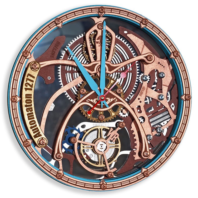 Automaton Moving Gears Wall Clock 1277 Copper and turquoise Steampunk Loft Decor - Clocks - Wood Multicolor