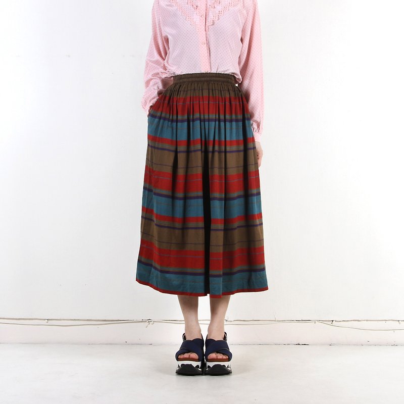 [Eggs and plants] vintage color stripe cotton print vintage dress - Skirts - Cotton & Hemp Multicolor