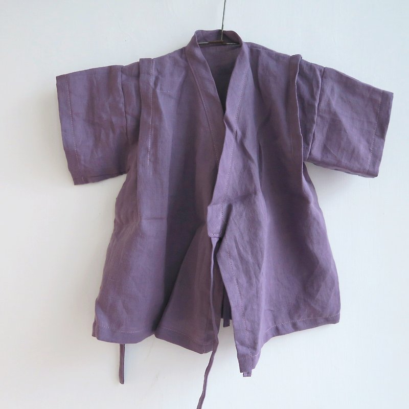 福利品 | 成長過渡調整型綁帶日式甚平兒童上衣 | 亞麻 | 紫藤花 - 男/女童裝 - 棉．麻 紫色