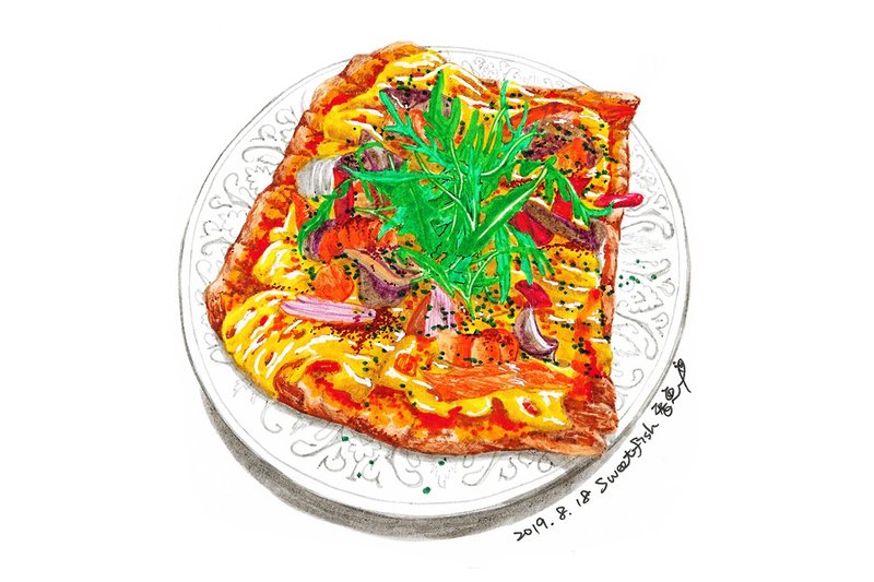 羅馬式海鮮披薩－美食明信片/食物明信片/美食卡片/食物卡片 - 卡片/明信片 - 紙 橘色