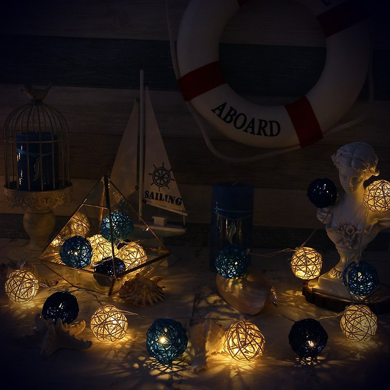 クリエイティブ照明籐ボールライトストリングバッテリーギリシャ風長さ2MLED雰囲気ライトクリスマス - 照明・ランプ - 竹製 ブルー