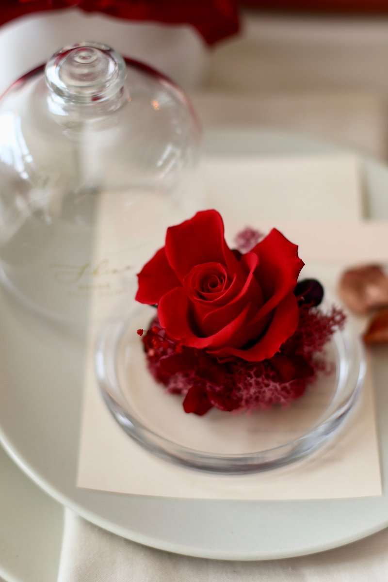 Classic Red Everlasting Rose Glass Bell Jar-Small - ช่อดอกไม้แห้ง - พืช/ดอกไม้ สีแดง