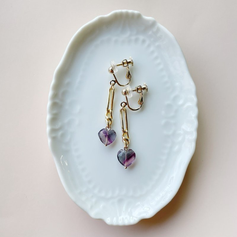 Fluorite petit heart ピアス/イヤリング purple - 耳環/耳夾/耳骨夾 - 半寶石 紫色