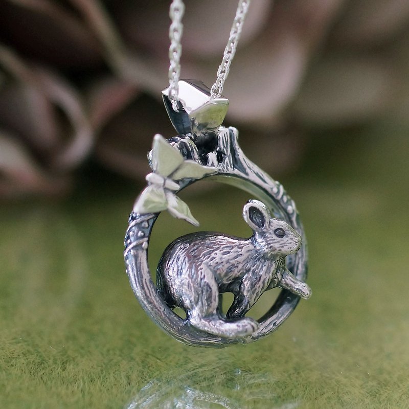 Forest jumping rabbit and butterfly pendant - Necklaces - Silver Silver