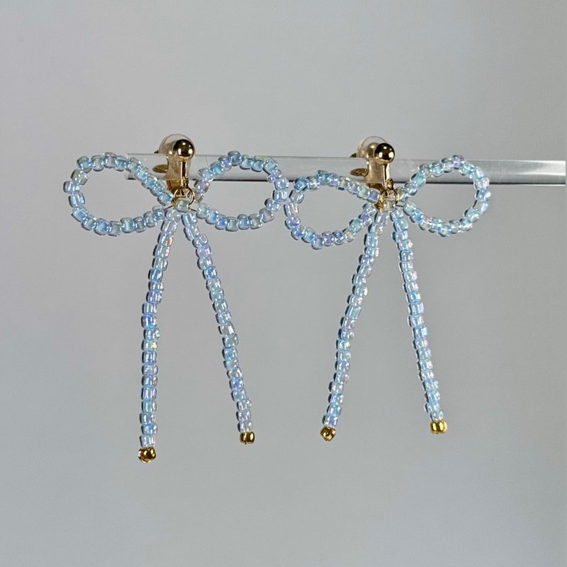 Japanese glass bead bow earrings - transparent blue (ear needle Clip-On) handmade earrings cindyandtong - Earrings & Clip-ons - Glass Blue