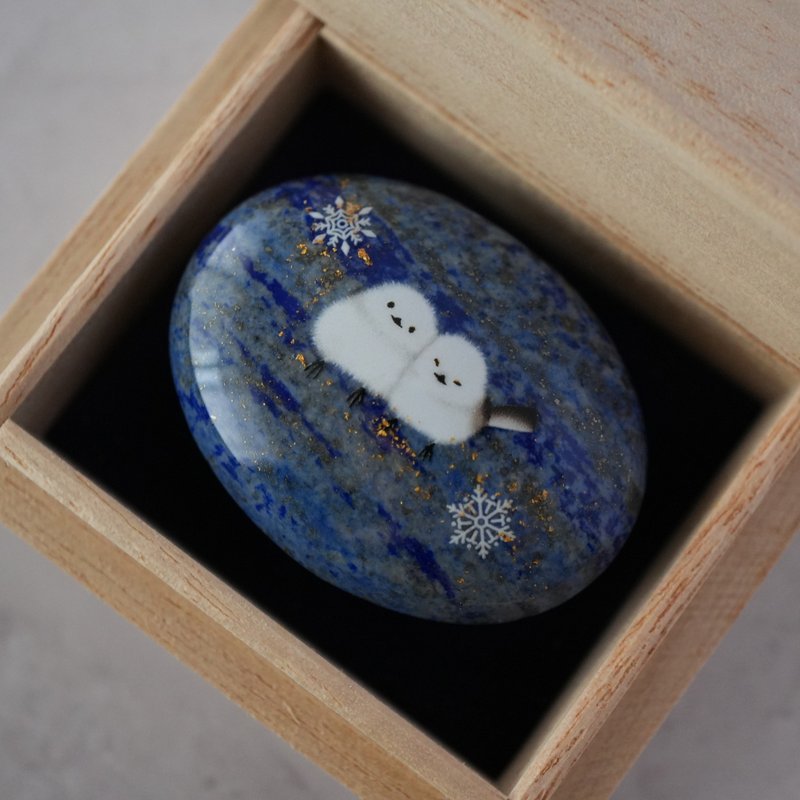 [Includes a Paulownia Wood Box] Natural Stone Lapis Lazuli and Long-tailed Tit Obi-dome / Pony Hook & Brooch Compatible with Gold Leaf - Other - Gemstone Blue