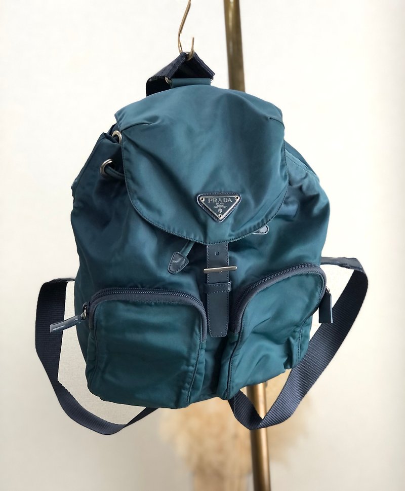 [Direct from Japan, branded used bag] PRADA Prada triangle logo backpack, blue, nylon, double pocket, vintage ztu2a7 - กระเป๋าเป้สะพายหลัง - ไนลอน สีน้ำเงิน