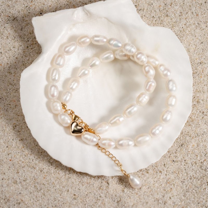 天然白色米型珍珠愛心項鍊 7–8mm 金色延長鍊 優雅經典 生日禮物 - 項鍊 - 珍珠 白色