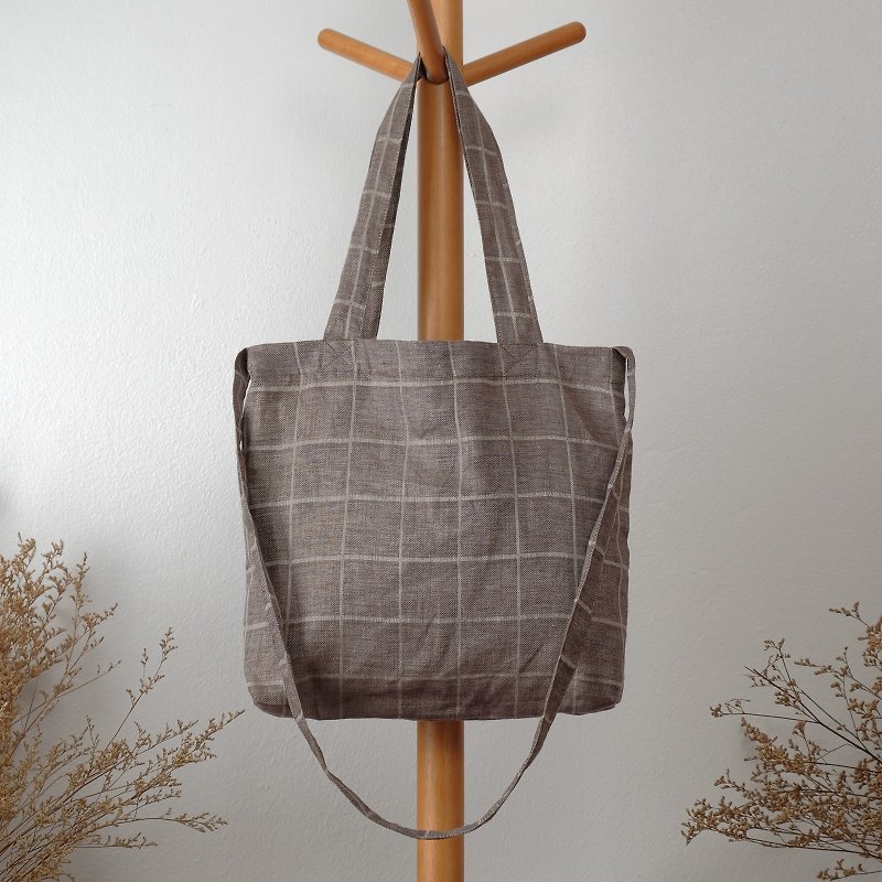 Ash Checkered Linen Tote Bag - กระเป๋าแมสเซนเจอร์ - ผ้าฝ้าย/ผ้าลินิน สีเทา