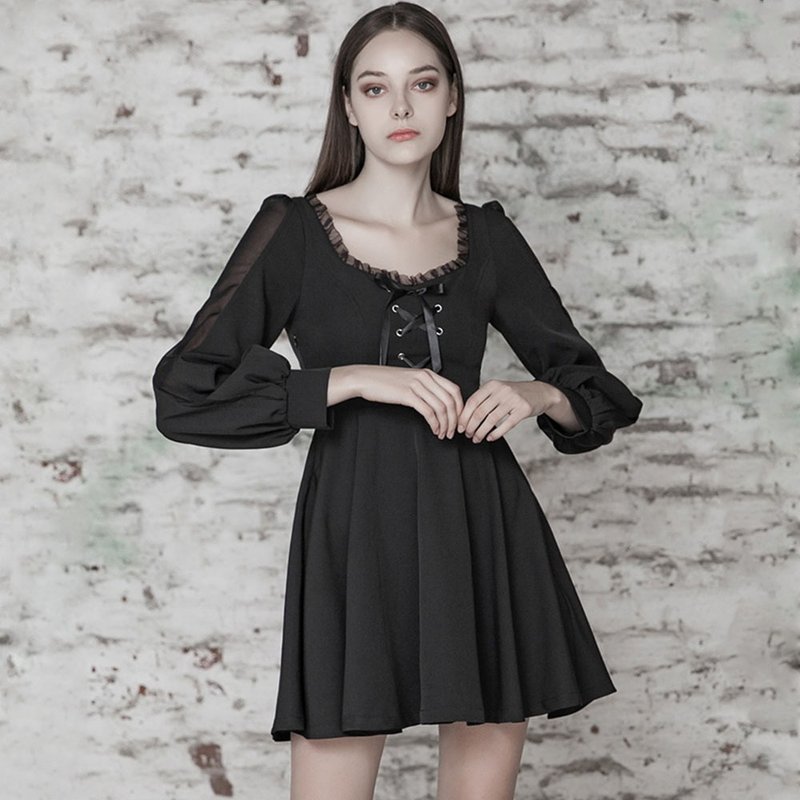 Pagan Lace Ribbon Dress - ชุดเดรส - วัสดุอื่นๆ สีดำ